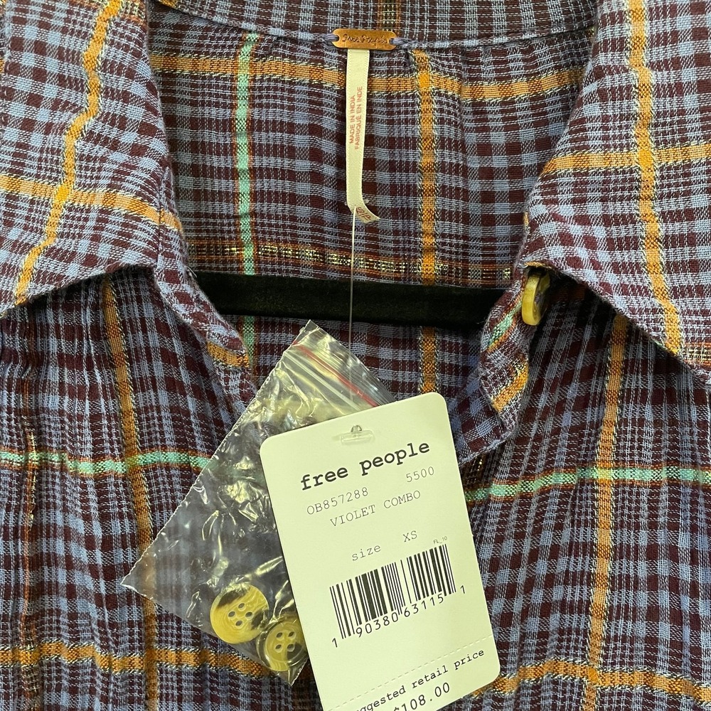 Free People NWT ruffle Women's plaid button shirt XS multicolor